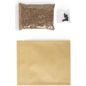 A pouch containing brown grainy material, a small bag of dark seeds, and a brown paper envelope.