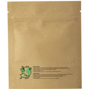 A brown pouch with a simple design, featuring illustrations and instructions related to its contents.