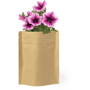 A brown pouch filled with pink and purple petunia flowers, showcasing vibrant blooms against a neutral background.