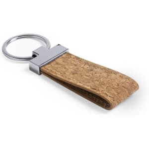 A cork keyring with a metal accent and a circular keyring attachment, featuring a natural beige colour.