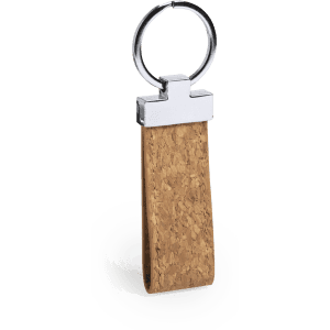 A cork keyring with a chrome metal attachment, showcasing a natural brown hue.