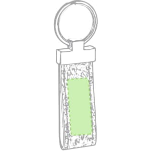 A keyring in a silver finish with a textured leather-like green attachment and a circular metal ring.