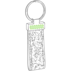 A keyring featuring a textured body with a metal ring and a blank section for branding, primarily in grey and green.