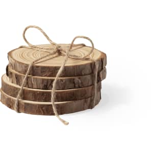 A set of four wooden coasters tied together with twine, featuring a natural timber finish.