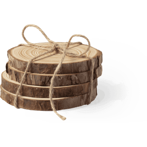 A set of wooden coasters tied together with twine, featuring natural wood tones and a rustic design.