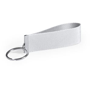 A silver keyring with a textured strap and a circular keyring attachment.