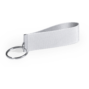 A silver keyring with a textured strap and a circular attachment for holding keys.