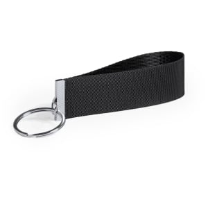 A black keyring with a textured strap and a metal ring. It features a logo on the strap.