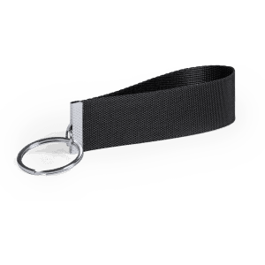 A black keyring with a textured strap and a metallic keyring attachment.