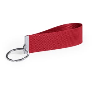 A red keyring made of fabric with a metal ring attached. Features a sleek, simple design.
