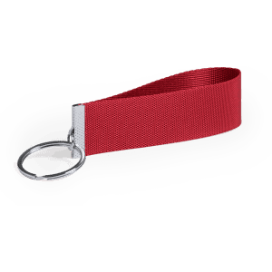 A red keyring with a woven strap and a metal keyring attachment. It features a small branding element.