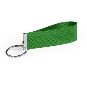 A green fabric keyring featuring a sturdy metal ring for attaching keys.