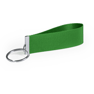 A green fabric keyring with a metal keyring attachment. It has a simple, flat design.
