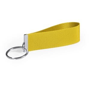 A yellow keyring with a textured strap and a silver metal keyring attachment.