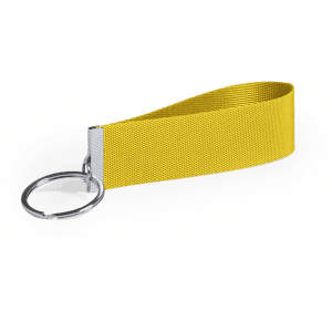 A bright yellow keyring with a metallic finish and a circular ring attachment.