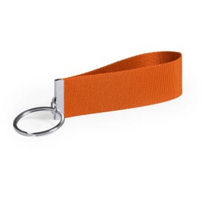 An orange keyring made of woven material, featuring a metal keyring attachment.