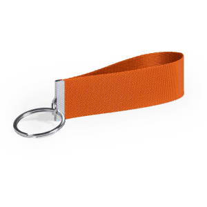 An orange keyring with a textured strap and silver metal ring for securing keys.