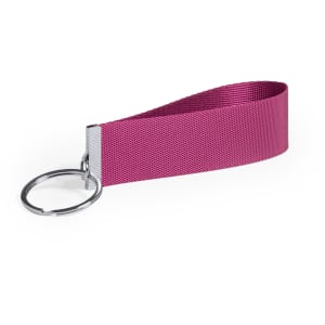 A magenta keyring with a woven strap and a metal ring for attaching keys. Features a logo on the strap.