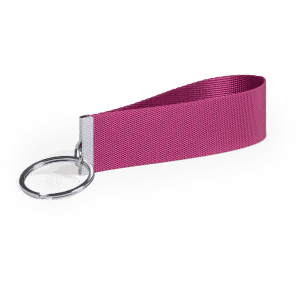 A magenta keyring with a textured strap and a silver keyring attachment.