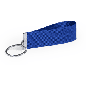 A blue keyring with a metallic ring attachment, featuring a textured fabric strap.