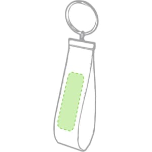A green and white keyring featuring a circular keyring attachment and a rectangular area for customisation.