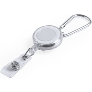 A clear badge reel with a retractable cord and a metal carabiner. It features a clip for securing identification.