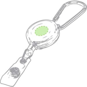 A green and silver badge reel with a carabiner attachment, designed for ID badges or cards.
