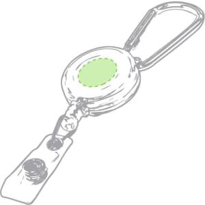 A green badge reel with a metal clip and carabiner for easy attachment. It features a round design and retractable cord.