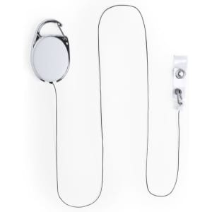 A chrome badge reel with a retractable black cord and a clip attachment for securing identification.