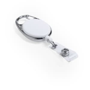 A white badge reel with a metal clip and retractable cord, featuring a round casing and a shiny finish.