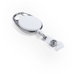 A white badge reel with a chrome clip and retractable cord, designed for holding identification badges.