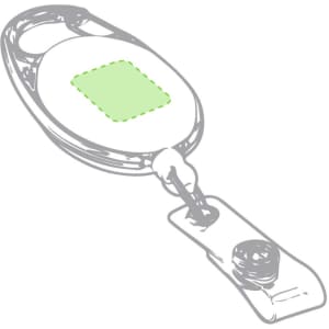 A retractable badge reel in grey with a circular body and a green attachment area for a badge or ID.