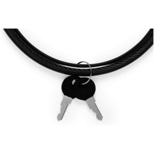 A black padlock with two silver keys attached, featuring a circular keyring.