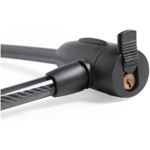 A black padlock with a keyhole and a flexible cable, featuring a simple locking mechanism.