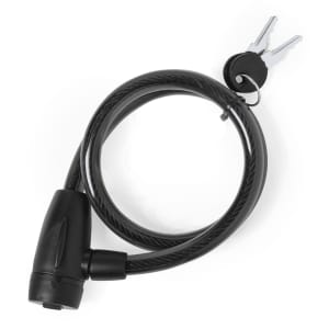 A black cable padlock with a key and a keyring, designed for security.