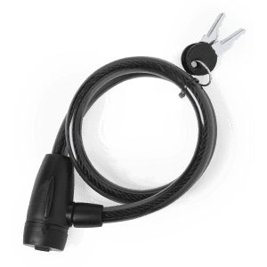 A black padlock with a flexible cable, accompanied by two keys. It has a logo on the body.