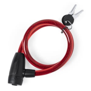 A red cable padlock with a black locking mechanism and two keys. It features a logo on the casing.
