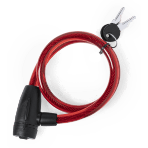 A red padlock with a flexible cable and a key, featuring a black housing and a keyring attachment.