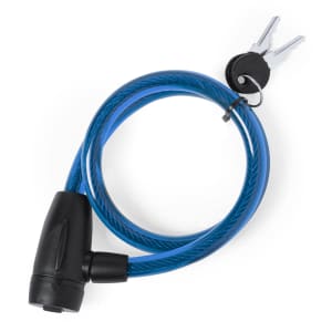 A blue cable lock with a black locking mechanism and two keys attached. It features a branding logo.