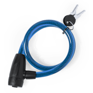 A blue cable padlock with a black lock mechanism and two keys attached. The padlock features a logo.