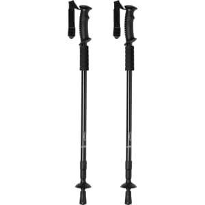A pair of black walking poles with ergonomic grips and adjustable height. Includes wrist straps for support.