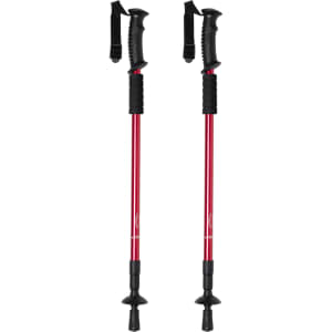A pair of adjustable red walking poles with rubber tips and cushioned black grips. They include wrist straps and branding.