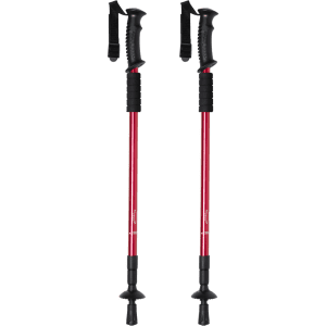 A set of red walking poles with black grips and straps, featuring adjustable sections for height.