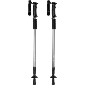 A pair of adjustable silver walking poles with black rubber grips and straps. Features a sturdy design for outdoor use.