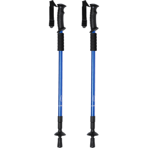 A pair of blue walking poles with black grips and straps, designed for outdoor activities.