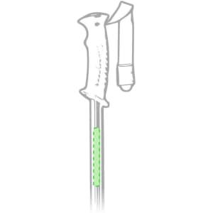 A pair of grey walking poles with ergonomic grips and green highlights, featuring a branded logo.