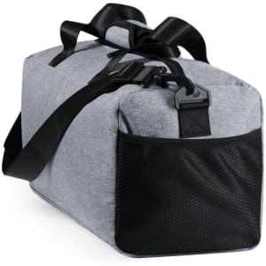 A grey bag with a black mesh side pocket and adjustable straps. It has a sleek, minimalist design.