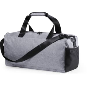 A grey duffle bag with black straps and a textured side pocket. It features a logo and a zippered opening.