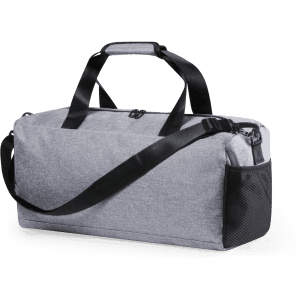 A grey duffel bag with black accents, featuring a shoulder strap and a branded logo.