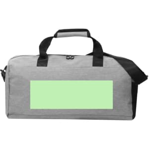 A grey bag with black straps and a prominent light green area for customisation. Features a logo on the side.